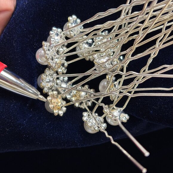 Pearl & Rhinestone Floret Silver Color Metal Hairpins set of 15 - Picture 7 of 11